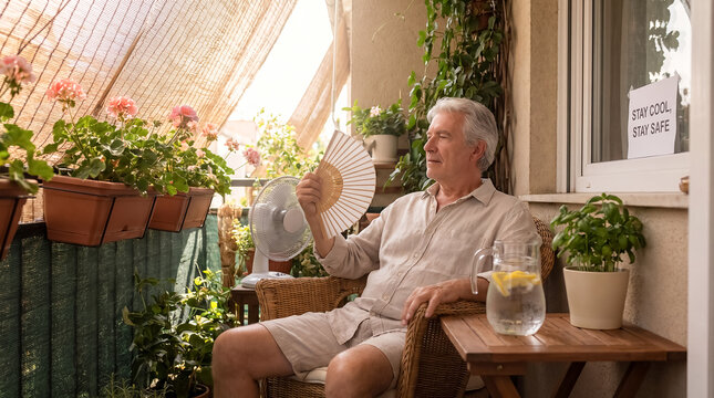 elderly person summer heat shade balcony senior hydration safety older person sits comfortably in shaded balcony with water nearby showing senior heat safety and calm cooling routine with distinct