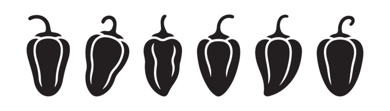 Set of black chili pepper icons in various shapes isolated on a grey checkered background pattern.