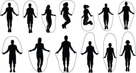 Jump rope silhouette icon set showing people in motion, fitness poses, and exercise actions for health and sports design projects © Nafij World