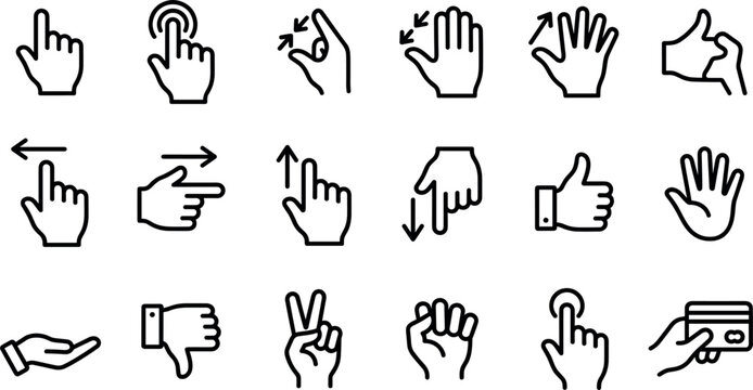 Hand Gesture and Touch Screen Interface Line Icon Set with Swipe Tap Pinch Zoom and Payment Symbols for Mobile App Vector Designs