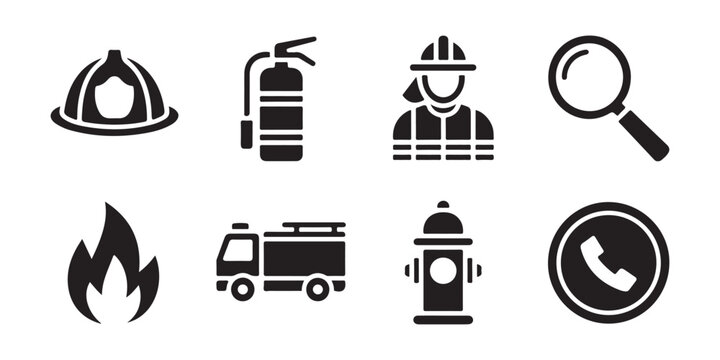 Vector set of safety icons including firefighter helmet fire extinguisher truck and hydrant signs.