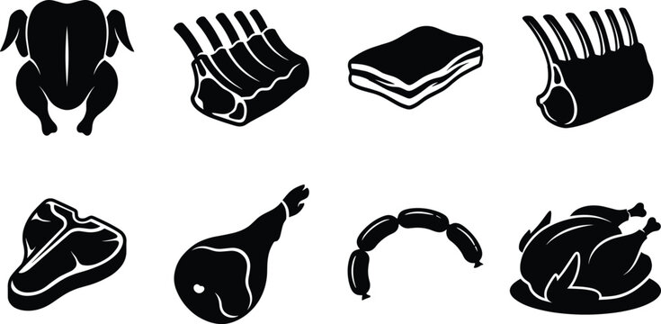 Butcher shop meat products black silhouette icon set featuring raw beef, pork ribs, and poultry cuts