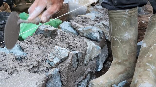 Worker build stone wall cement mortar foundation masonry construction infrastructure development architecture structure groundwork renovation project industry preparation manual labor contractor
