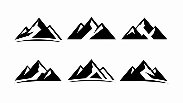 Set of stylized mountain peak icons, black silhouette on white background, adventure and nature vector graphics