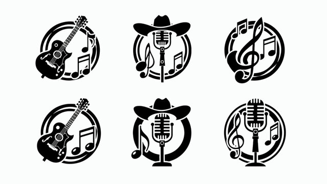 Country Music Icons: Guitar, Microphone, Cowboy Hat, Musical Notes Set