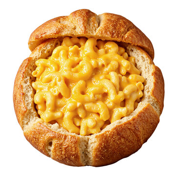 Macaroni cheese bowl Creamy macaroni and cheese served in a crusty bread bowl on a transparent background