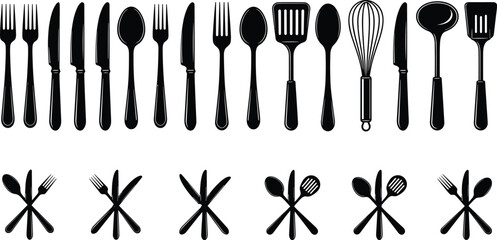 Kitchen utensil silhouette set with forks, spoons, knives, whisk, spatulas in crossed and upright styles © Nafij World