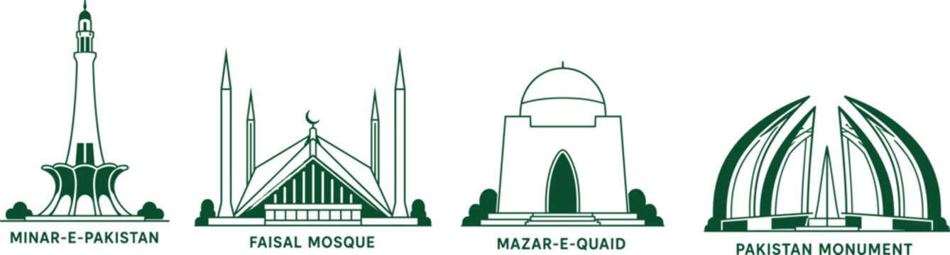 Pakistan Independence Day Vector Famous Pakistan Landmarks Skyline Collection for 14 August Patriotic Illustration