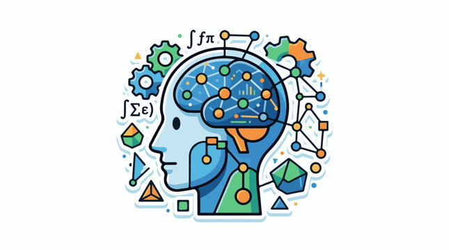 Stylized head with brain network gears and math symbols