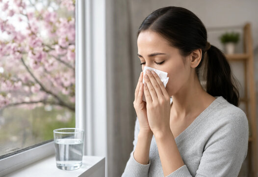 Young woman blowing her nose while seated by a window with blossoming tree outside. The scene conveys seasonal allergy or cold symptoms and quiet indoor comfort.