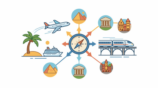 Central compass points to various travel destinations by air sea and land