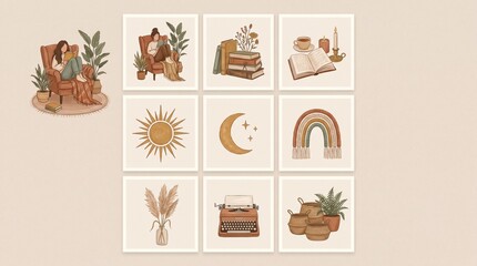 Boho Aesthetic Lifestyle Illustrations Featuring Cozy Reading Nooks and Celestial Motifs © Dhedy Aris Yanto