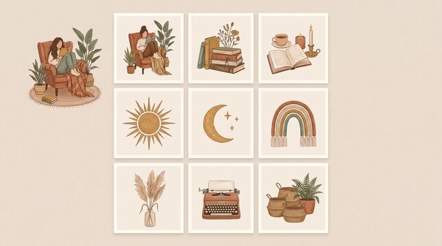 Boho Aesthetic Lifestyle Illustrations Featuring Cozy Reading Nooks and Celestial Motifs