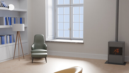 Bright minimalist living room interior featuring a green armchair near a large window with white bookshelves filled with blue binders and a modern wood burning stove on light wooden flooring  © Grid Byte Studio