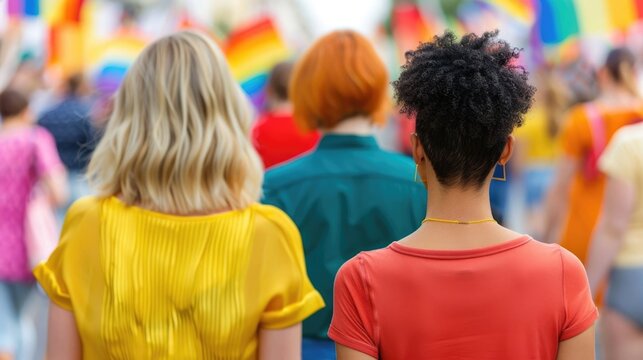 Rear view of a diverse crowd marching in a colorful Pride parade holding rainbow flags and celebrating e and comm outdoors in bright daylight