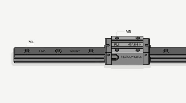 Technical illustration of a precision linear motion guide rail with a sliding carriage block isolated on white background