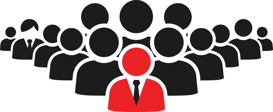Leadership Team Icon, Business Group Vector, Diverse Crowd, Hierarchy, Management, Black and Red Silhouette, Teamwork Success, Organization, Corporate Staff.