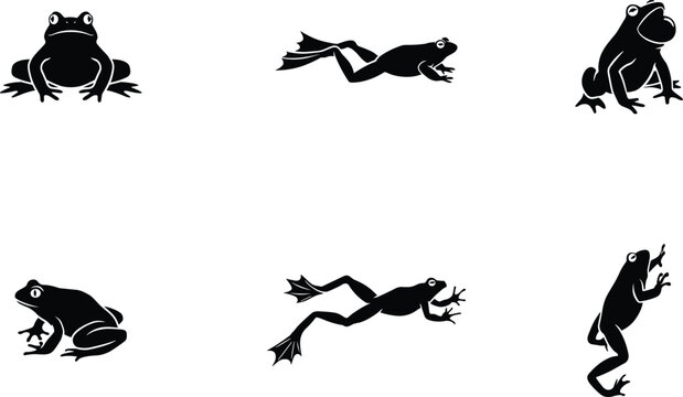 Stylized frog silhouette vector illustration set featuring six unique amphibian poses including sitting, jumping, swimming, croaking, crouching, and climbing designs for creative projects