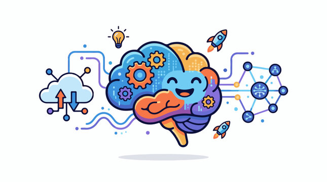 Cartoon brain with gears rockets and network connections