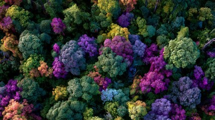 Fototapeta premium Lush and Vibrant Rainforest Canopy Viewed from Above with Fluorescent Foliage in a Stunning Aerial Perspective