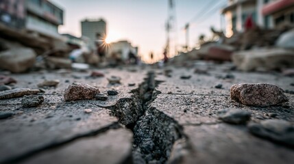 Fototapeta premium A dramatic image of a cracked sidewalk with debris scattered around, hinting at the power of an earthquake. The setting is an urban area with buildings in the background, capturing a moment of chaos.