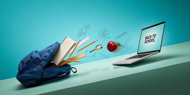 Back to School Concept with Backpack, Laptop and Educational Elements Floating in Modern Study Scene