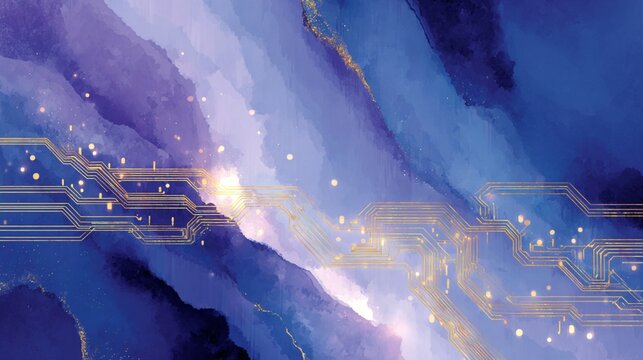 Quantum circuit board watercolor texture background with blue pu