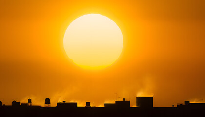 Naklejka premium A giant burning sun rising above a city silhouette with smoke and steam rising from rooftops, conceptual image of global warming, extreme summer heatwaves, climate crisis, and urban air pollution