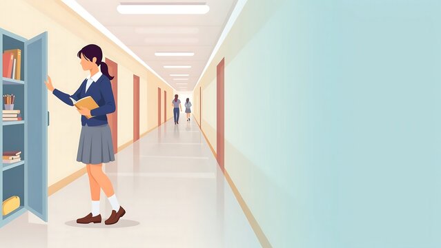 Flat Vector Illustration of School Hallway with Female Student Reading Book, Classroom Corridor, Library Shelves and Students Walking in Background