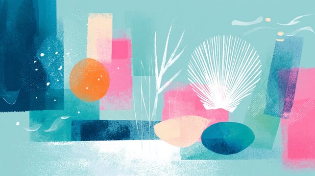 Risograph print texture background with seashells and white plan