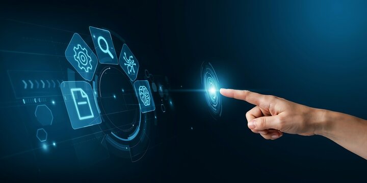 Futuristic Digital Technology Interface with Human Hand Touching Holographic HUD Icons and AI Network Concept