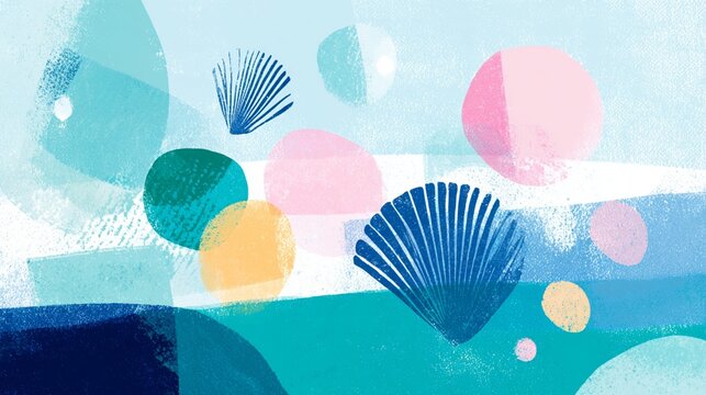 Risograph print texture background with seashells and circular g