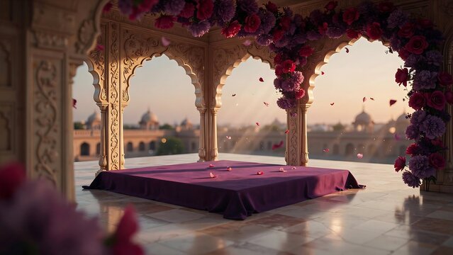 Ornate Indian Wedding Mandap Stage with Floral Arch and Empty Ceremony Platform in Luxury Palace Courtyard at Sunset