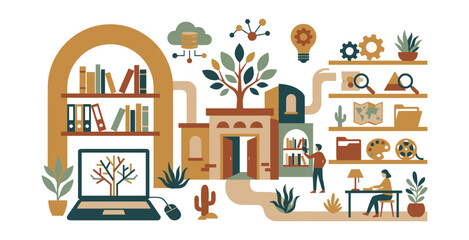 Knowledge Management and Library Research Vector Illustration © AAS