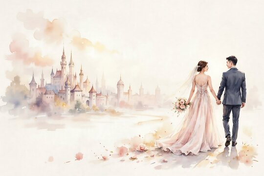 Romantic Bride and Groom Walking Toward Fairytale Castle in Soft Watercolor Style Wedding Illustration