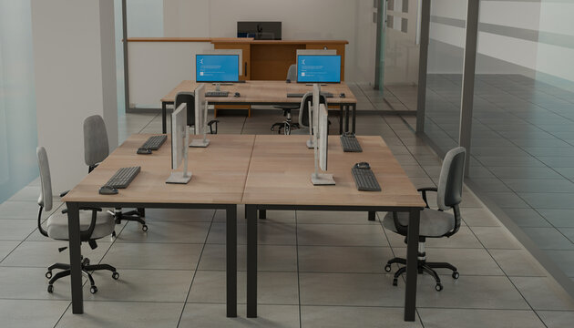 Modern Office Space: A contemporary office interior featuring rows of empty computer workstations, ergonomic chairs, and glass partitions, ready for productive work.