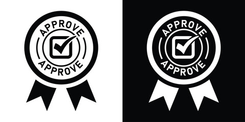 Naklejka premium Approved ribbon badge vector icon with a central checkmark. Certified business quality symbol in minimalist black and white graphic styles.