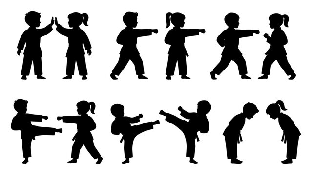 Children practicing martial arts silhouettes demonstrating karate kicks and traditional bows