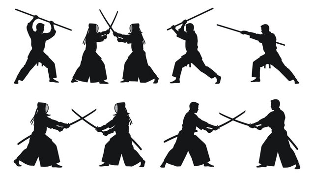 Kendo martial artists practicing swordsmanship and combat training in black silhouette figures
