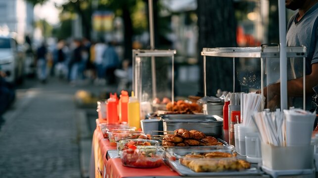 Vibrant red orange and brown blocks create a dynamic background for an outdoor grilled snack stand setting