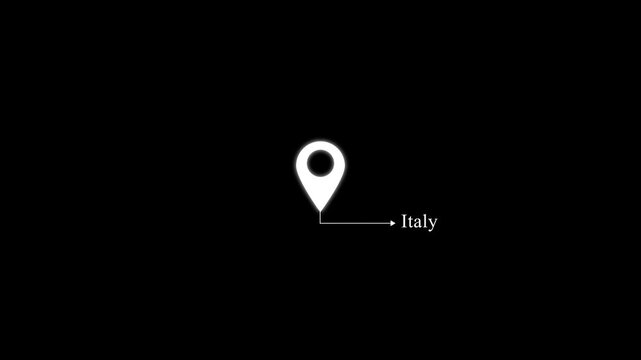 Glowing white,location icon with location country of Italy.Abstract Italy location marker animation on transparent background.Italy map with destination location concept.