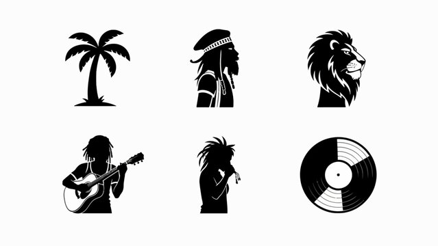 Rasta Icons: Lion, Guitarist, Singer, Palm Tree, Vinyl Record, Man Silhouette