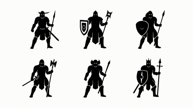Fantasy Warriors Silhouette Set: Medieval Knights, Barbarians, and Soldiers with Weapons