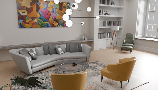  Spacious contemporary living room showcasing a large curved gray sofa paired with vibrant yellow accent chairs under a unique pendant light near a colorful abstract painting and tall bookshelf