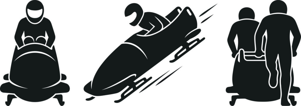 Bobsledding Athletes In Silhouette Style A Set Of Three Black Vector Illustrations On A White Background bobsled bobsleigh