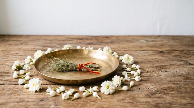 Pitru Paksha Purnima setup, an empty brass plate with a small bundle of sacred kusha grass, white flowers scattered around