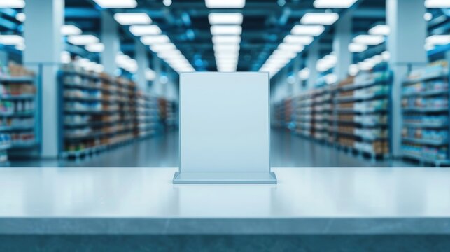 Sleek modern retail environment with blurred aisles of merchandise  Foreground pristine empty checkout counter with a clear blank sign holder ideal for custom messaging