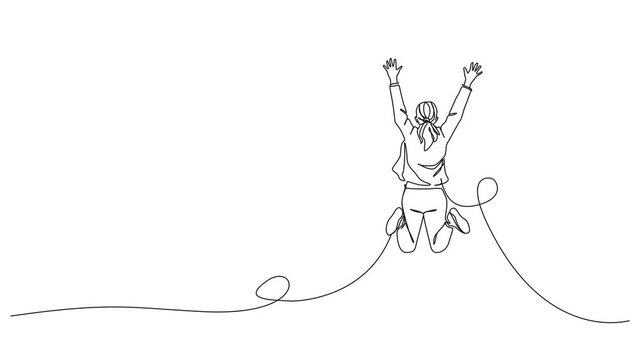 animated continuous line drawing of a happy woman joyfully jumping in the air celebrating success, joyful businesswoman with hands up, freedom, achievement and happiness concept, line art animation