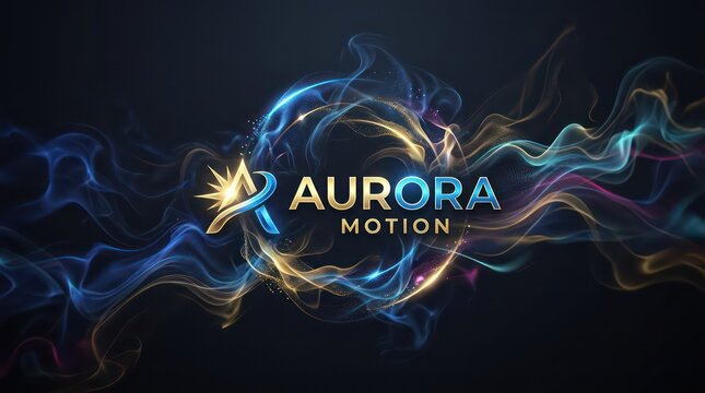 Dynamic aurora motion logo with glowing light particles in circular vortex vortex effect.