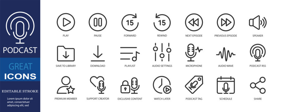 Collection of 21 editable stroke icons designed for podcast players, audio streaming platforms, and media applications. Perfect for UX/UI design, mobile apps, websites, audio platforms.